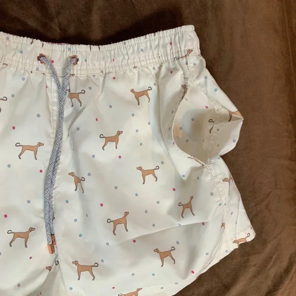 Polonio Ivory Brown Pink M Swim Shorts with Dog Print Beach Boat Coastal - Picture 5 of 9